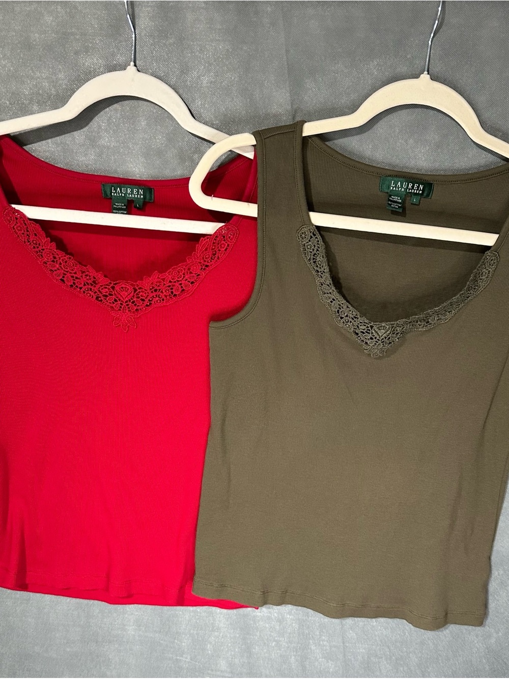 Bundle of 2 Lauren Ralph Lauren Ribbed Lace Trim Tank Tops - Size Large